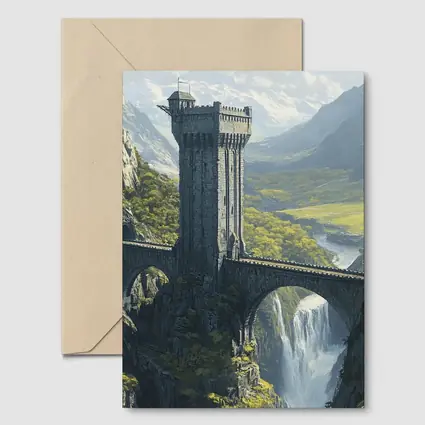 Fantasy Stone Tower Bridge Waterfall Mountains