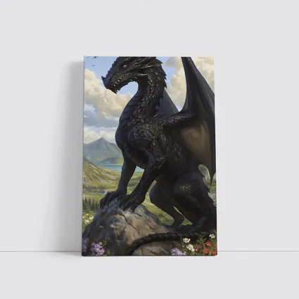Dark Dragon Standing on Rocky Mountain Landscape