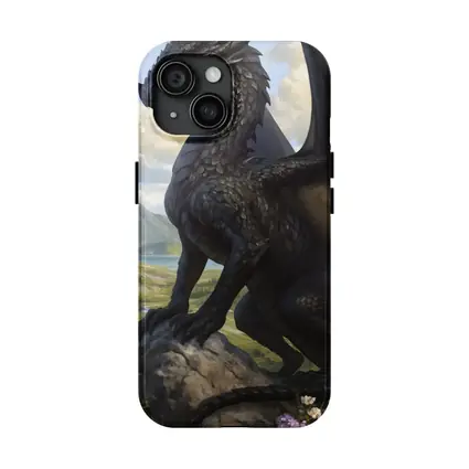 Dark Dragon Standing on Rocky Mountain Landscape