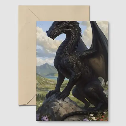 Dark Dragon Standing on Rocky Mountain Landscape