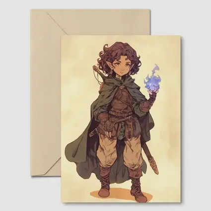 Fantasy Halfling Mage Anime Art Beige Background