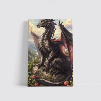 Black Dragon Perched on Rocky Mountain Overlook
