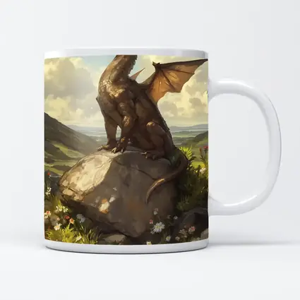 Fantasy Dragon Perched On Rock Wildflowers