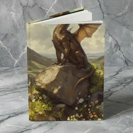 Fantasy Dragon Perched On Rock Wildflowers