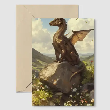 Fantasy Dragon Perched On Rock Wildflowers