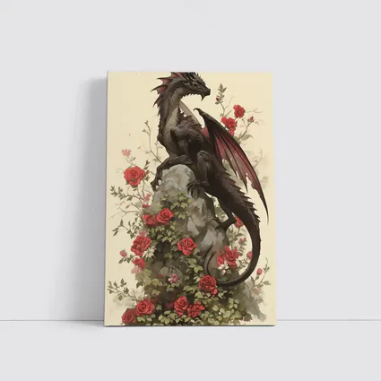 Dark Dragon Perched on Rose Covered Rock