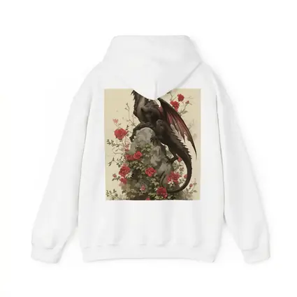 Dark Dragon Perched on Rose Covered Rock