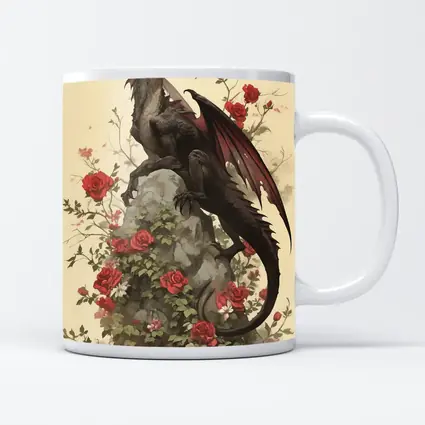 Dark Dragon Perched on Rose Covered Rock