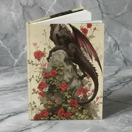 Dark Dragon Perched on Rose Covered Rock