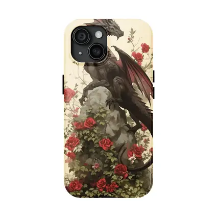 Dark Dragon Perched on Rose Covered Rock