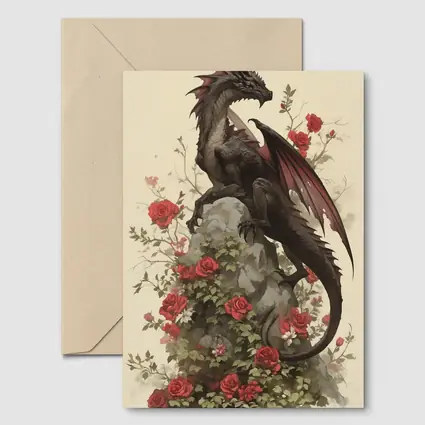 Dark Dragon Perched on Rose Covered Rock