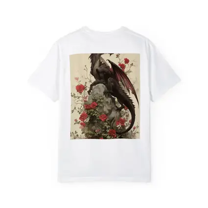 Dark Dragon Perched on Rose Covered Rock