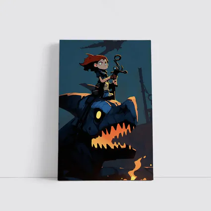 Boy Riding Mechanical Dragon Dark Night