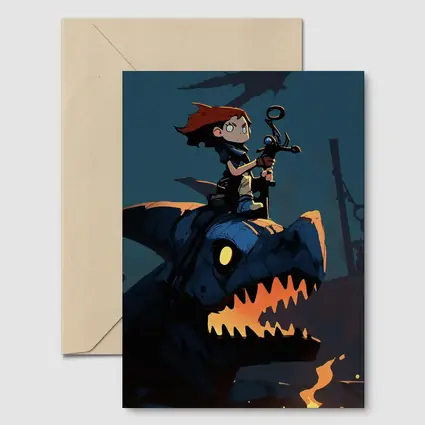 Boy Riding Mechanical Dragon Dark Night