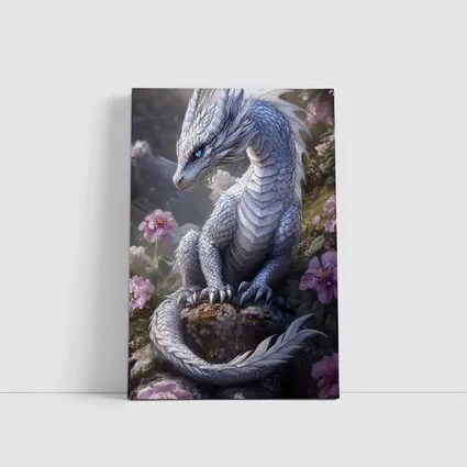 White Dragon Sitting Among Pink Flowers