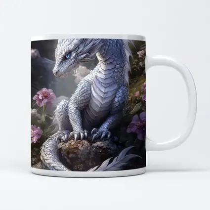 White Dragon Sitting Among Pink Flowers