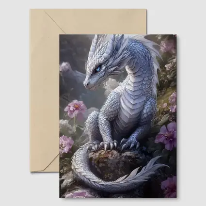 White Dragon Sitting Among Pink Flowers