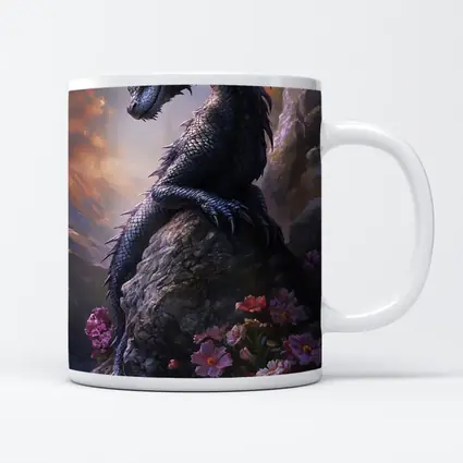 Black Dragon Perched on Rock With Flowers