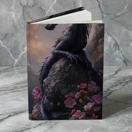 Black Dragon Perched on Rock With Flowers