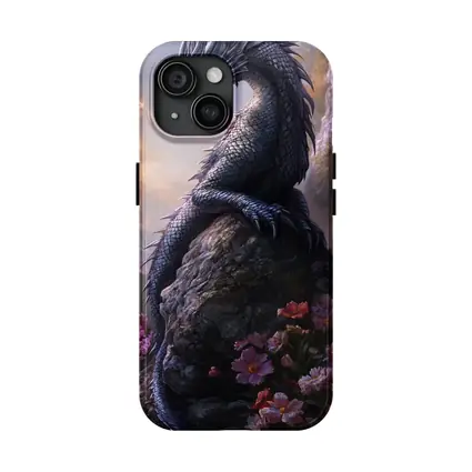 Black Dragon Perched on Rock With Flowers