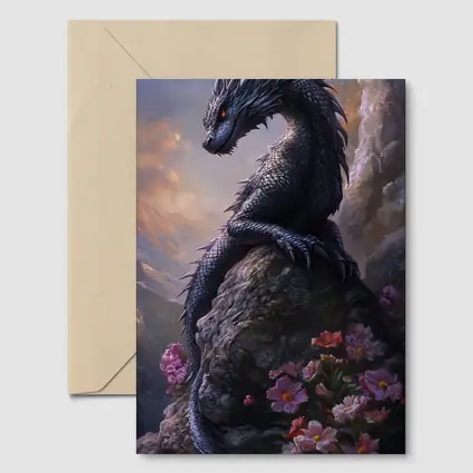 Black Dragon Perched on Rock With Flowers