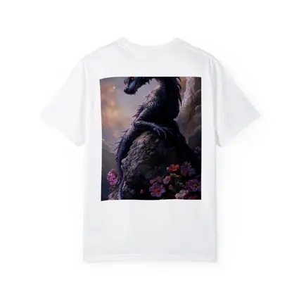 Black Dragon Perched on Rock With Flowers