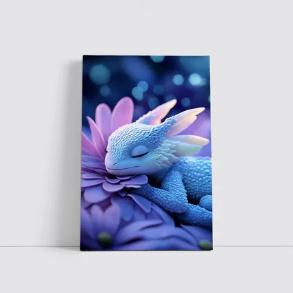 Sleeping Baby Dragon Blue Flowers Fantasy