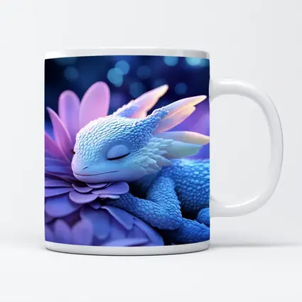 Sleeping Baby Dragon Blue Flowers Fantasy