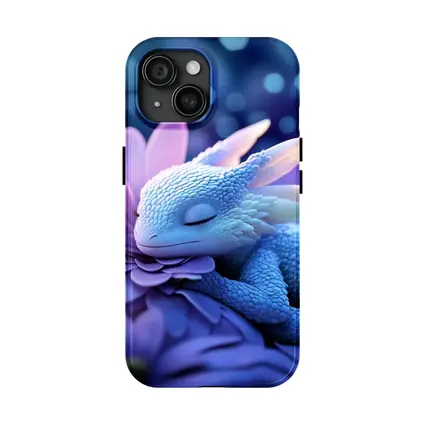Sleeping Baby Dragon Blue Flowers Fantasy