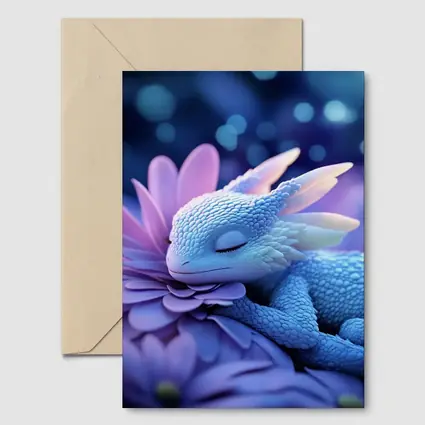 Sleeping Baby Dragon Blue Flowers Fantasy
