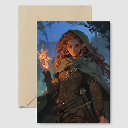 Red Hair Elf Mage Fire Forest Fantasy
