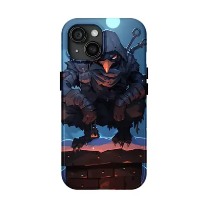 Dark Raven Warrior Crouching On Snowy Chimney