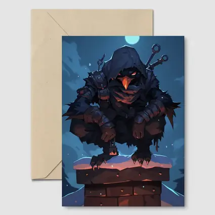 Dark Raven Warrior Crouching On Snowy Chimney