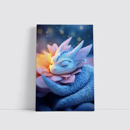 Sleeping Baby Dragon Blue Floral Fantasy