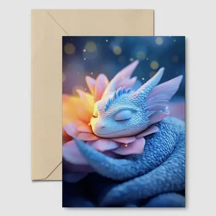Sleeping Baby Dragon Blue Floral Fantasy