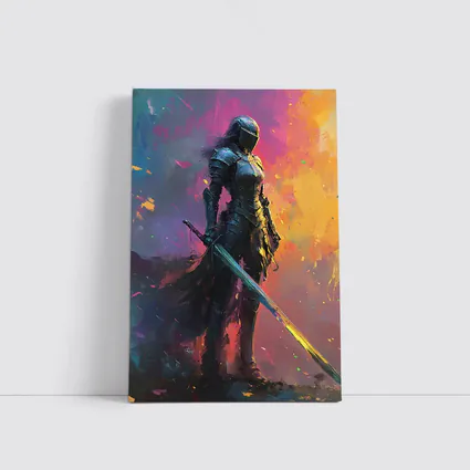 Armored Female Knight Sword Colorful Abstract Background