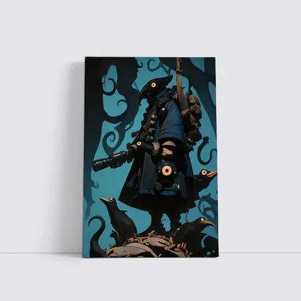 Dark Crow Gunslinger Figure Blue Swirling Background