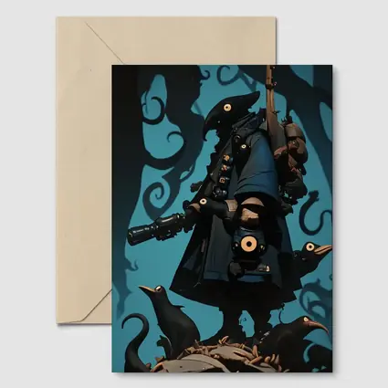 Dark Crow Gunslinger Figure Blue Swirling Background