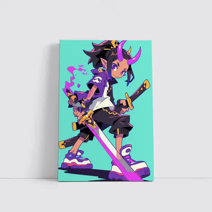 Anime Demon Girl Sword Fighter Teal Background