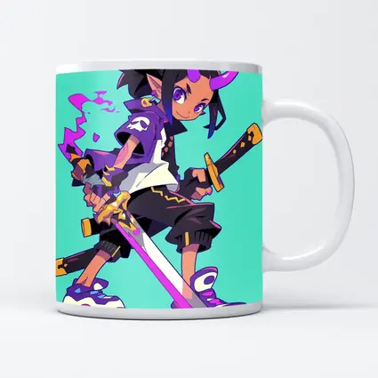 Anime Demon Girl Sword Fighter Teal Background