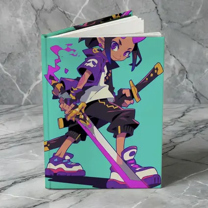 Anime Demon Girl Sword Fighter Teal Background