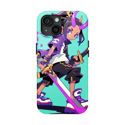 Anime Demon Girl Sword Fighter Teal Background