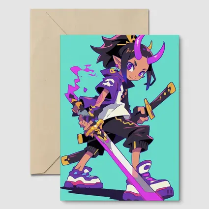 Anime Demon Girl Sword Fighter Teal Background