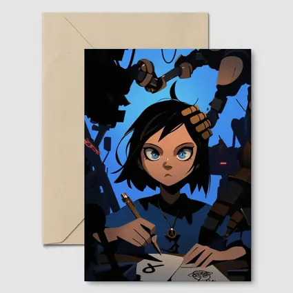 Anime Girl Writing Surrounded By Dark Robots