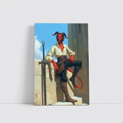 Red Tiefling Warrior Leaning Against Stone Wall