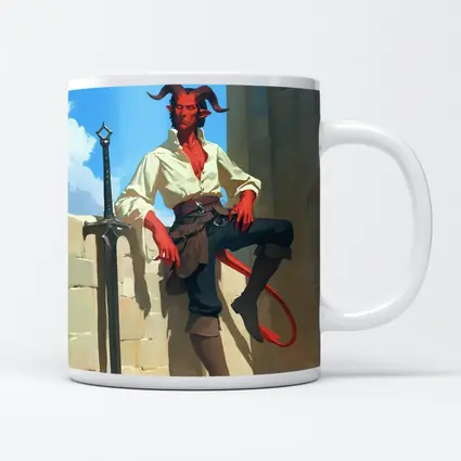 Red Tiefling Warrior Leaning Against Stone Wall