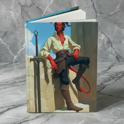 Red Tiefling Warrior Leaning Against Stone Wall