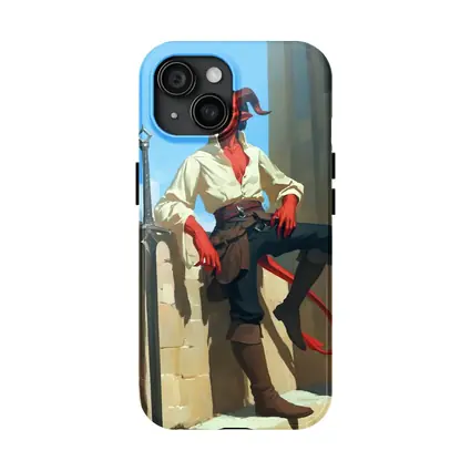 Red Tiefling Warrior Leaning Against Stone Wall