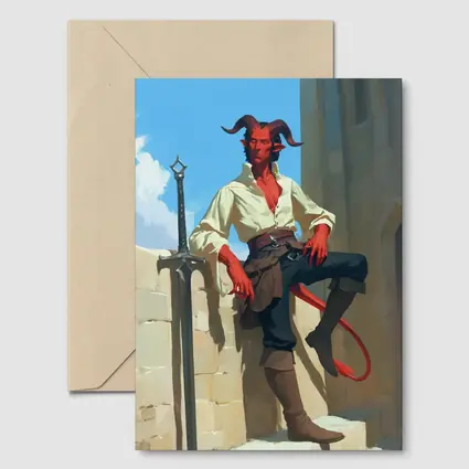 Red Tiefling Warrior Leaning Against Stone Wall