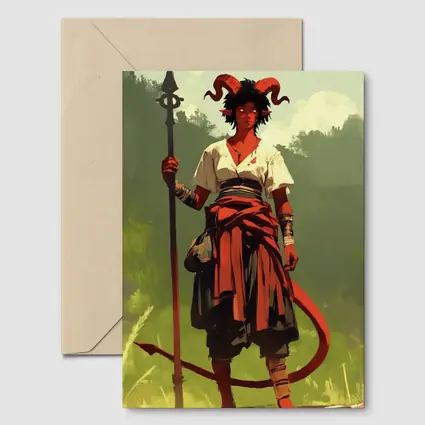 Horned Warrior Girl with Spear Green Forest